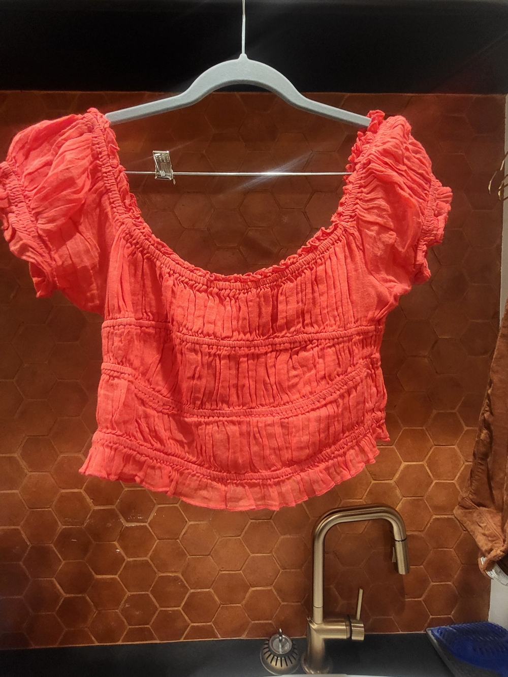 Free People Coral Red Ruched Puff Sleeve Crop Top